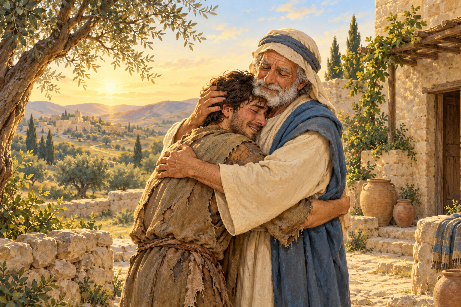 A father embraces his returning son outside their home, illustrating the parable of the Prodigal Son.